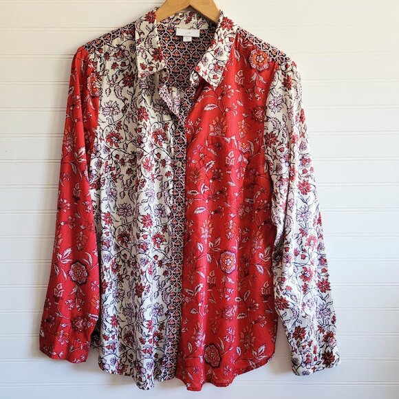 J. Jill Top Womens M Cream and Red Colorblock Print Button Up Cotton Gauzy Sheer - Picture 1 of 11